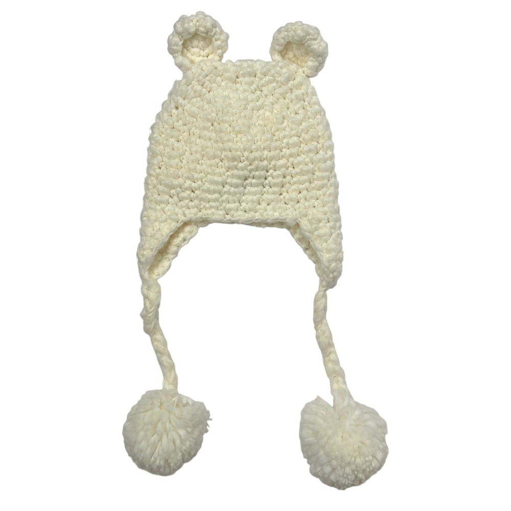 The Blueberry Hill Kids Cream Bear Ear Knit Beanie Pom Pom Tassel Hat Small